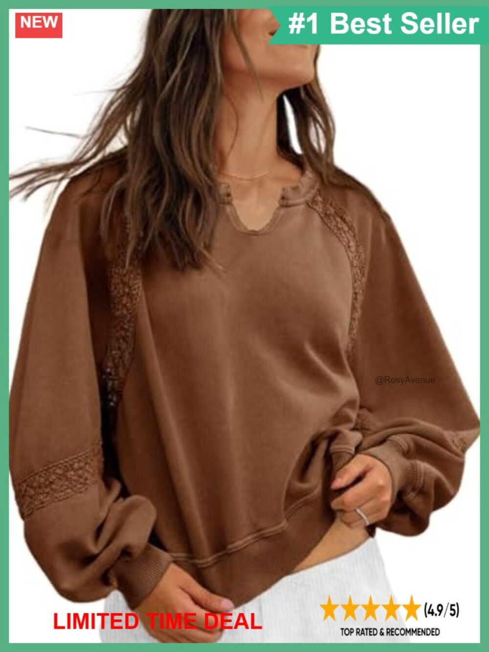 Womens Oversized Cropped V Neck Lace Sweatshirt Lantern Sleeve